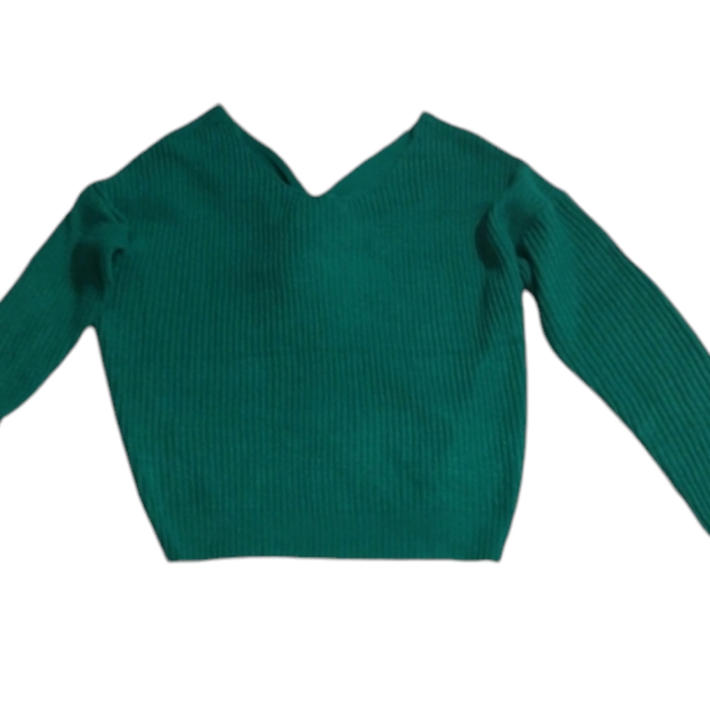 New Green V Neck Main Strip Knit Sweater w/ Knot in Back sz Large